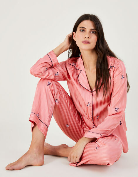 Stripe Embroidered Pyjama Set in Recycled Polyester Pink, Pink (PINK), large