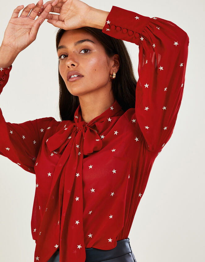 Kate Star Pussybow Blouse in Recycled Polyester, Red (RED), large