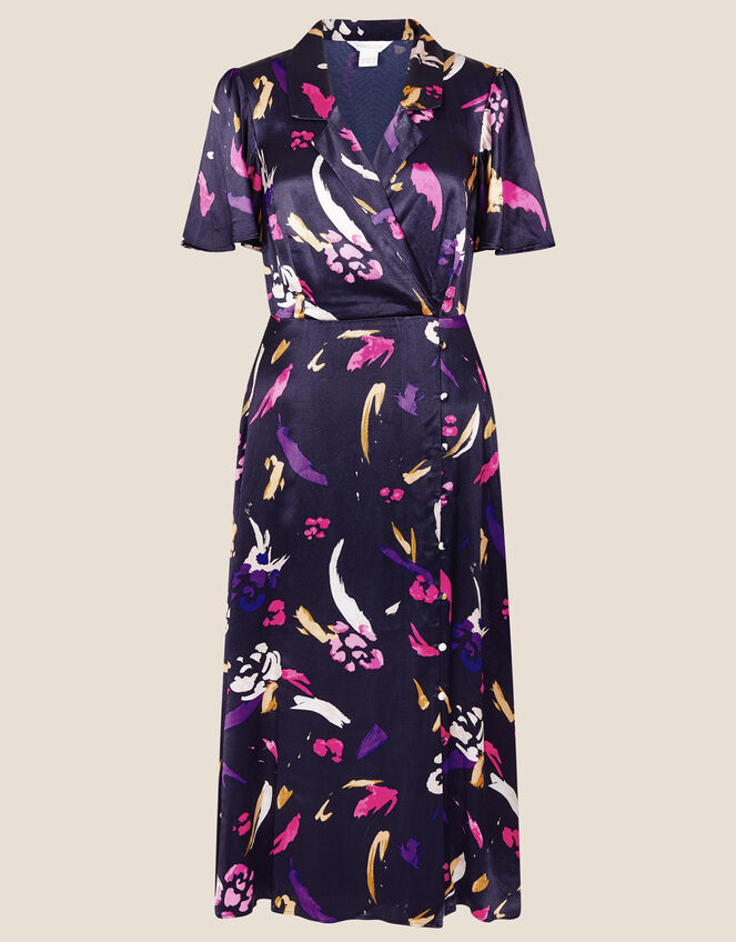 Sapphire Printed Satin Tea Dress, Blue (NAVY), large