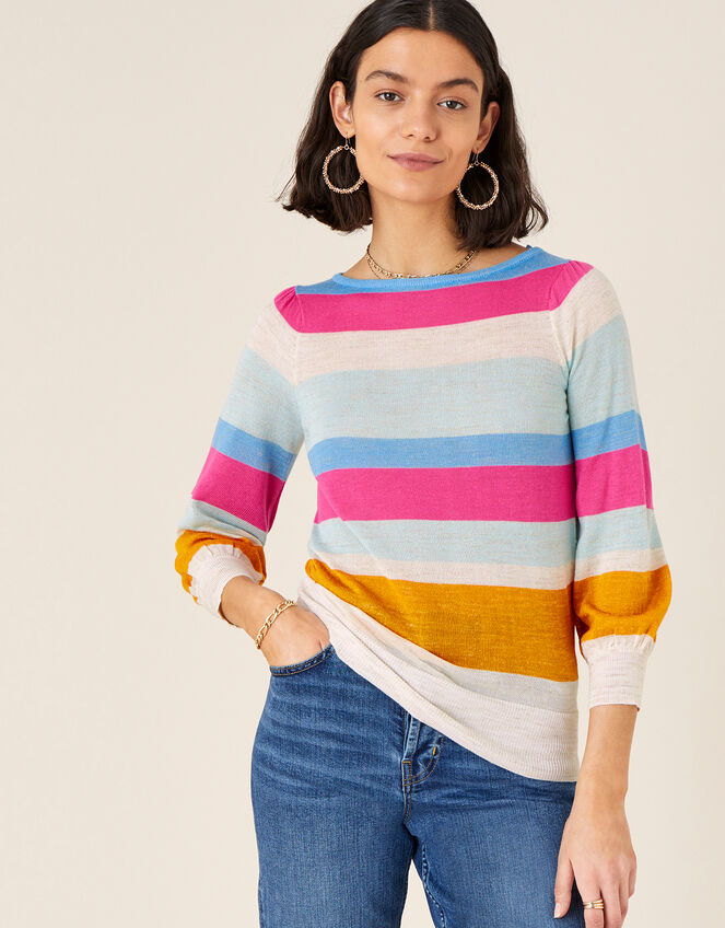 Stripe Jumper in Linen Blend, Orange (ORANGE), large