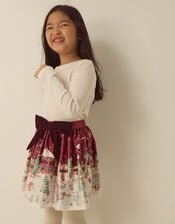 Christmas Scene Satin Skirt, Red (BURGUNDY), large
