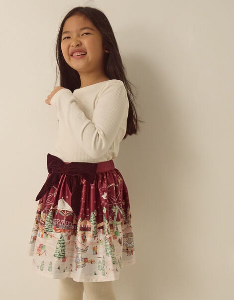 Christmas Scene Satin Skirt, Red (BURGUNDY), large