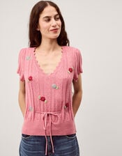 Edie Floral Embroidered Short Sleeve Jumper, Pink (PINK), large