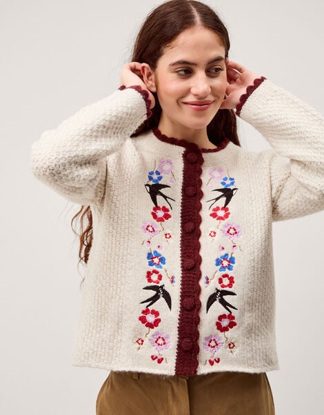 Etta Floral Embroidered Scallop Cardigan, Ivory (IVORY), large
