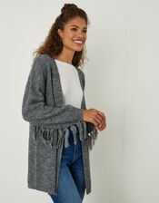 Fringe Cardigan with Recycled Polyester, Grey (CHARCOAL), large