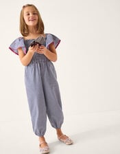 Floral Embroidered Gingham Jumpsuit, Blue (NAVY), large