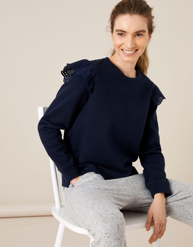 LOUNGE Barbara Broderie Shoulder Jumper, Blue (NAVY), large