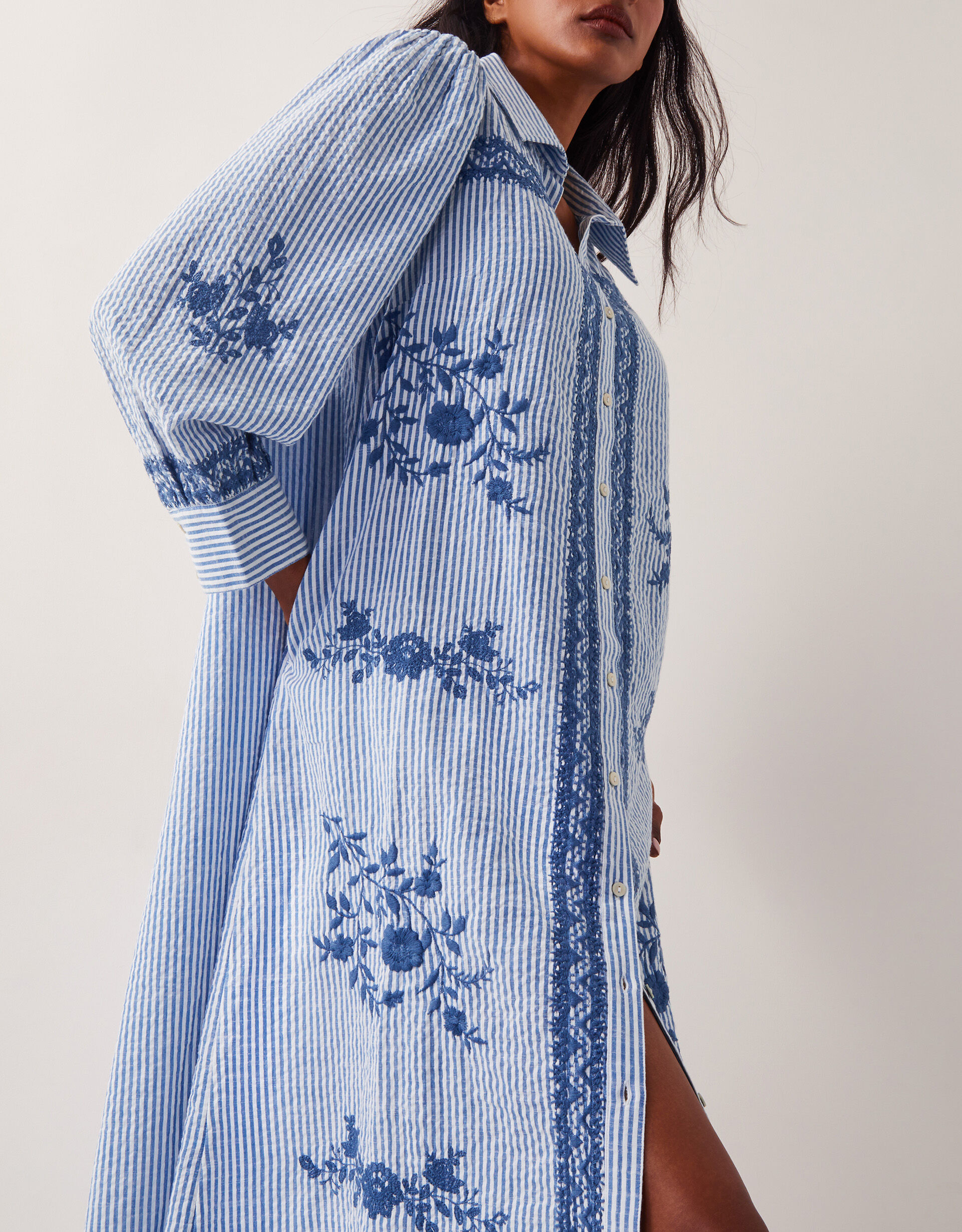 Marlowe Stripe Embroidered Midi Shirt Dress Blue