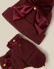 Velvet Bow Bobble Hat & Gloves Set, Red (BURGUNDY), large