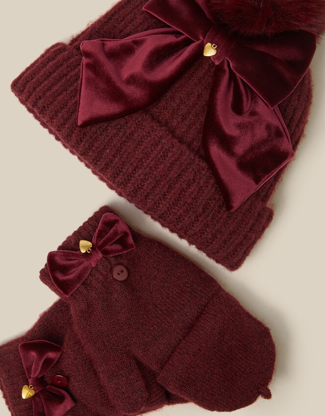 Velvet Bow Bobble Hat & Gloves Set, Red (BURGUNDY), large