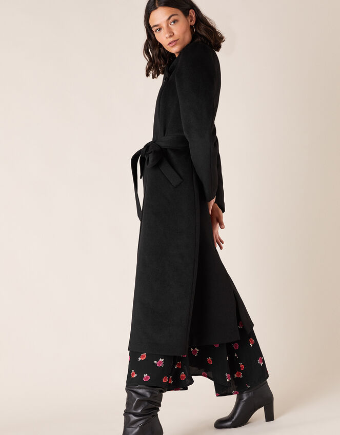 Maxine Long Belted Wrap Coat, Black (BLACK), large