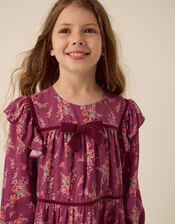 Long Sleeve Floral Print Dress, Red (BURGUNDY), large