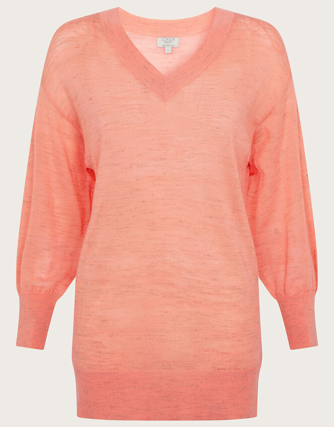 V-Neck Sweater in Linen Blend, Orange (PEACH), large