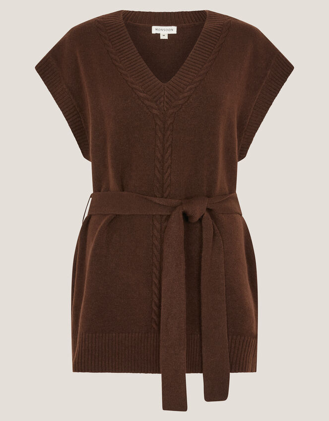 Cohen Tie Waist Cable Knit Vest, Brown (CHOCOLATE), large