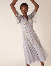 Natalia Floral Embellished Tea Dress, Grey (GREY), large