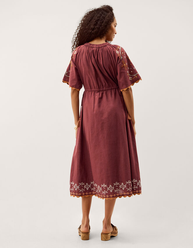 Greta Short Sleeve Embroidered Midi Dress, Brown (BROWN), large