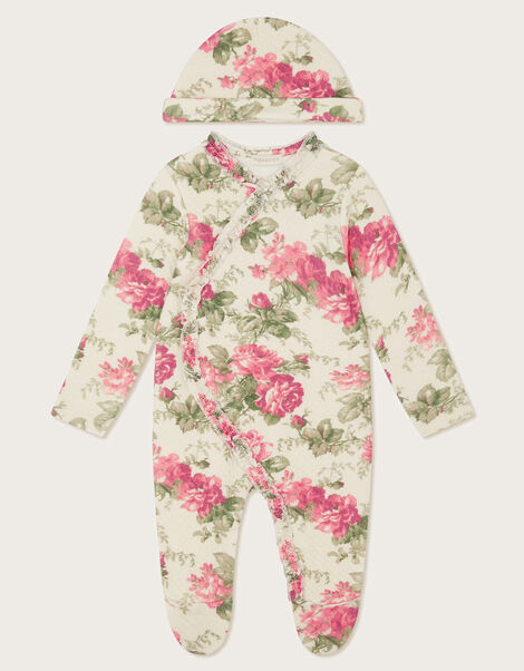 Newborn Betsy Floral Sleepsuit and Hat, Ivory (IVORY), large