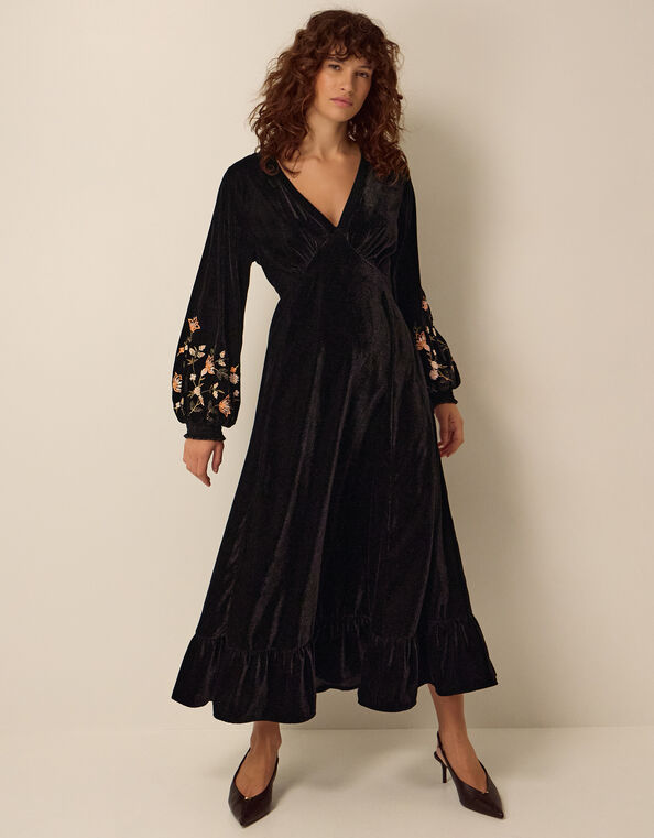 Clemence Constance V-Neck Floral Embroidered Velvet Midi Dress, Black (BLACK), large