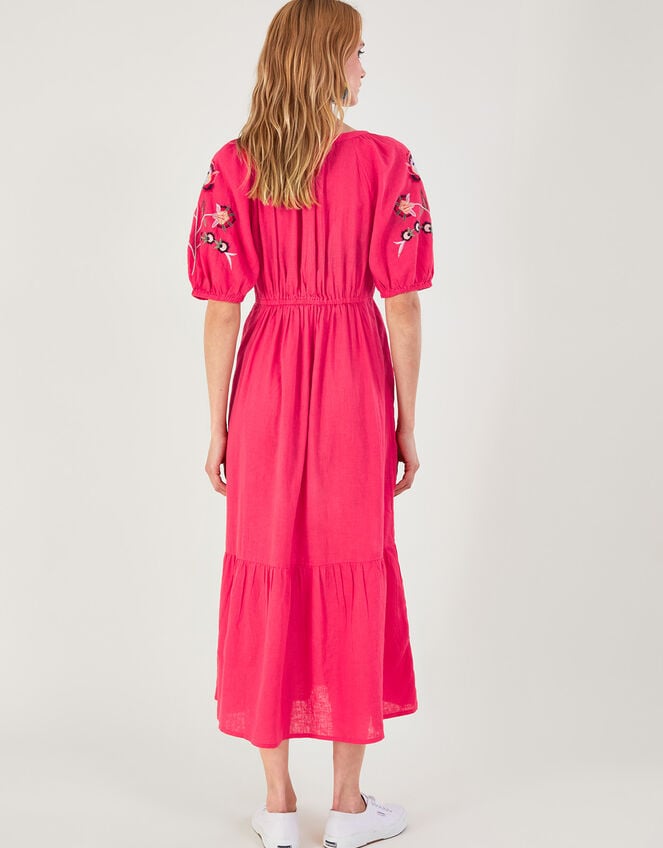 Embroidered Midi Dress in Linen Blend , Orange (CORAL), large