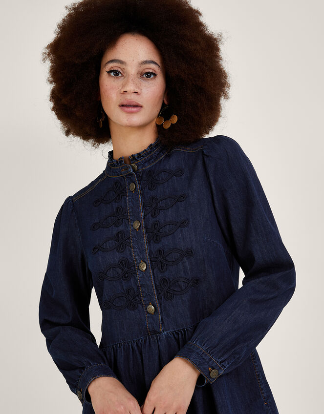 Nautical Denim Knee Length Dress in Sustainable Cotton, Blue (DENIM BLUE), large