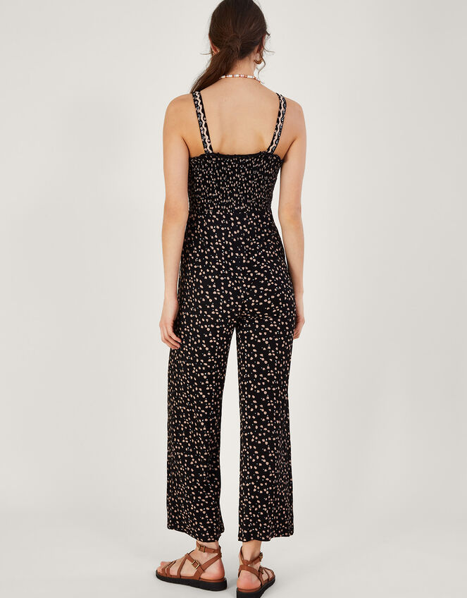 Dot Print Shirred Jumpsuit, Black (BLACK), large