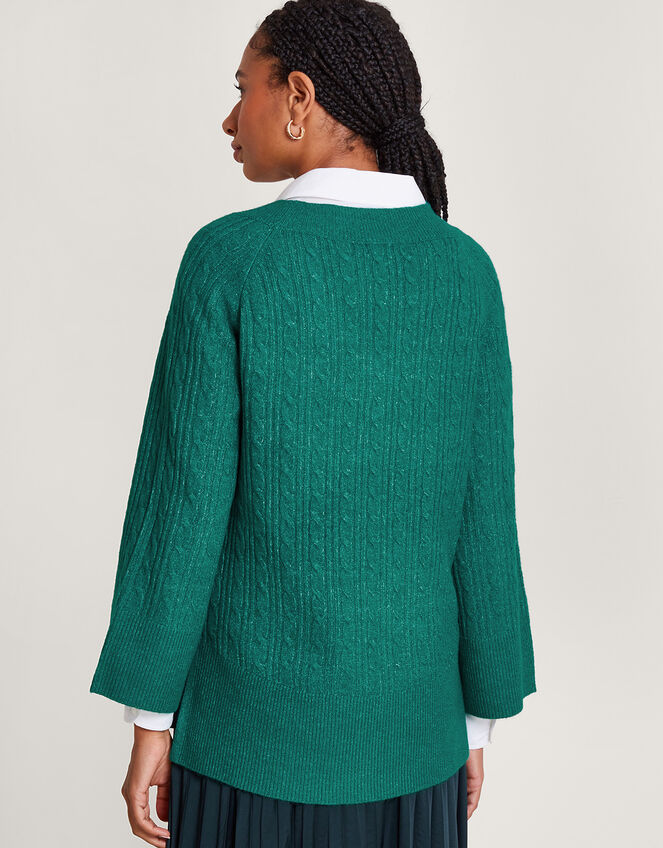 V-Neck Cable Longline Jumper with Recycled Polyester , Green (GREEN), large