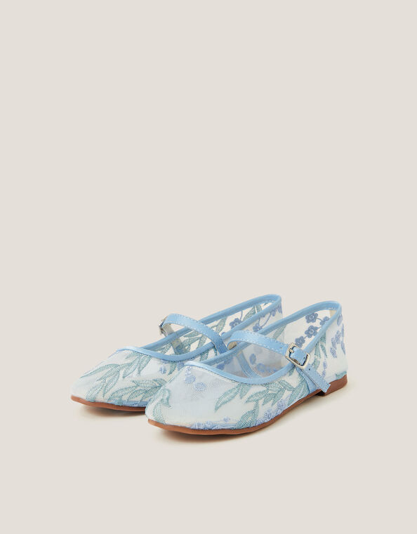 Floral Embroidered Mesh Ballet Flats, Blue (BLUE), large