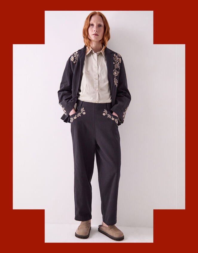 East Esme Embroidered Trousers, Grey (CHARCOAL), large