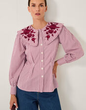 Marta Floral Embroidered Stripe Shirt, Red (CHERRY), large