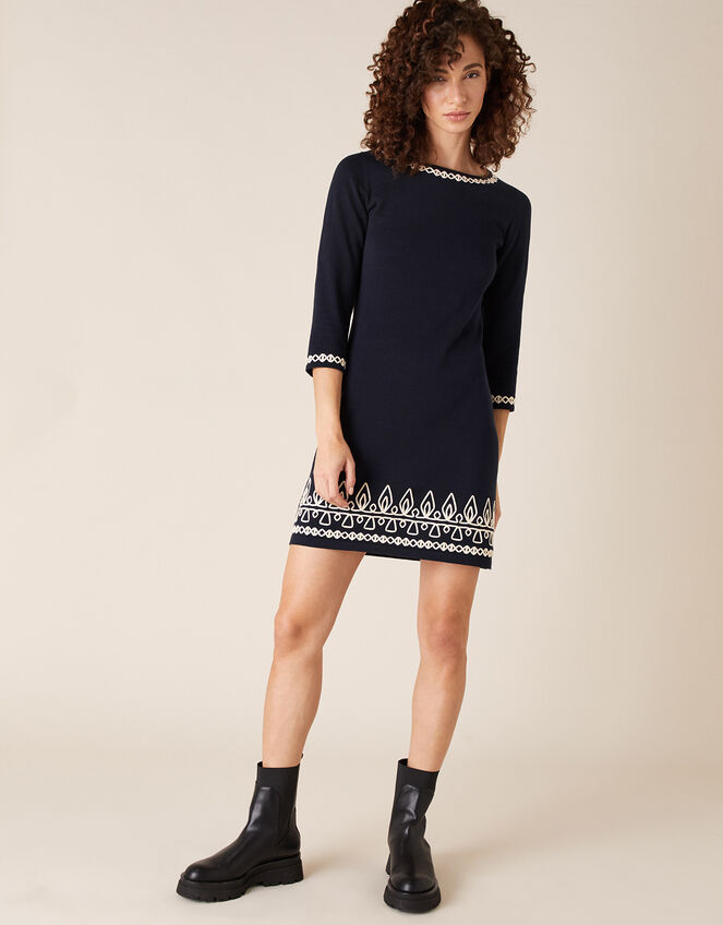 Cornelli Trim Knit Dress, Blue (NAVY), large