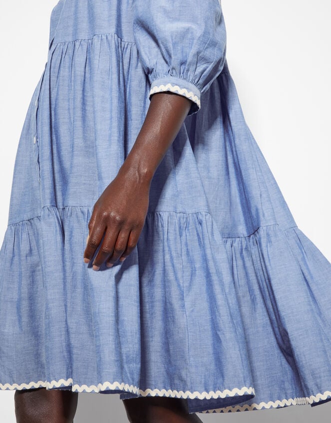 Damia Embroidered Chambray Mini Shirt Dress, Blue (DENIM BLUE), large