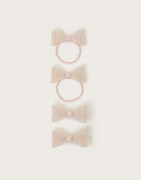4-Pack Pearl Beaded Bow Hair Set, Pink (PINK), large