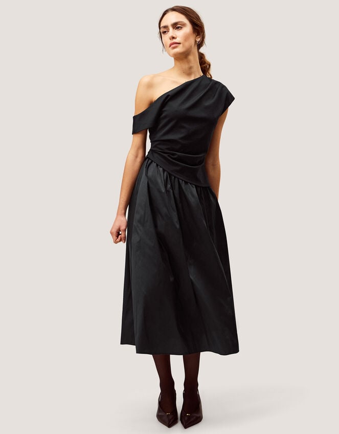 Tilly Asymmetrical Shoulder Midi Dress, Black (BLACK), large