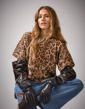 Amy Leopard Print Short Sleeve Sweater, Brown (BROWN), large