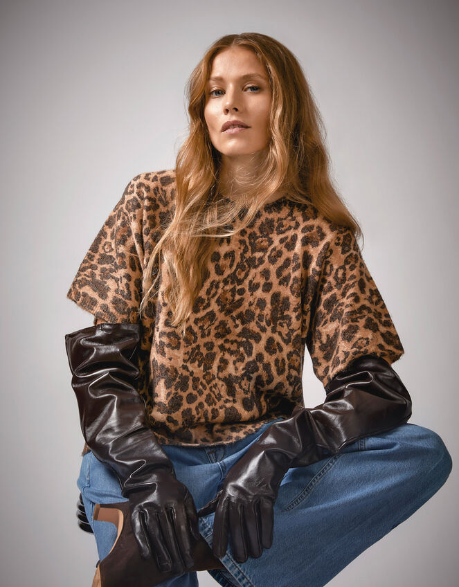 Amy Leopard Print Short Sleeve Sweater, Brown (BROWN), large