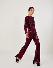 Daisy Sequin Velvet Kickflare Trousers, Red (BURGUNDY), large