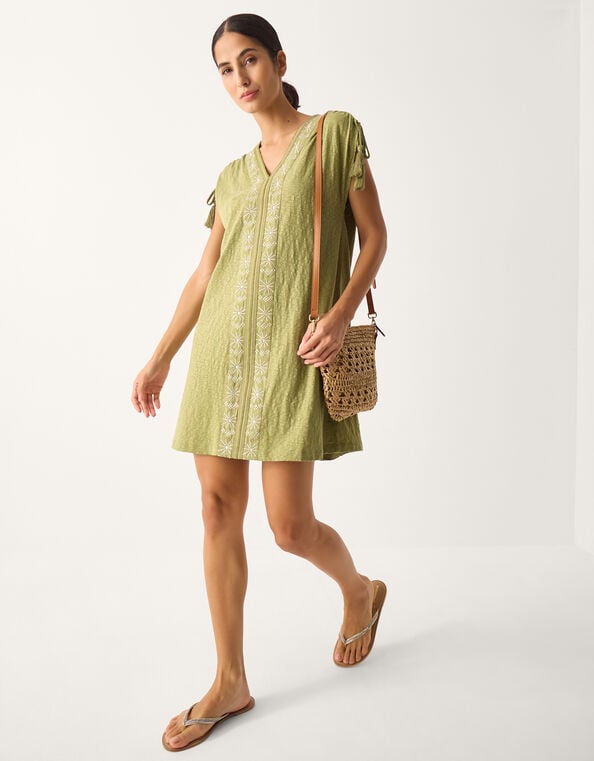 Julie Embroidered Mini Kaftan Dress, Green (KHAKI), large