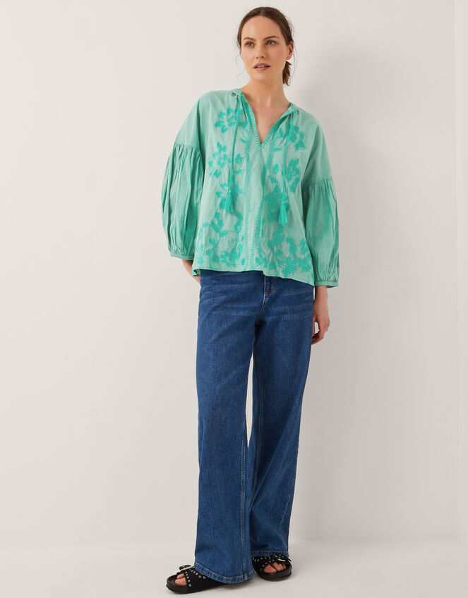 Milly Slouchy Embroidered Blouse, SEA GREEN, large