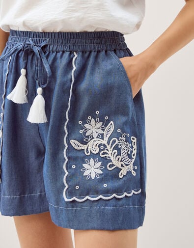 Isla Embroidered Denim Shorts, Blue (DENIM BLUE), large