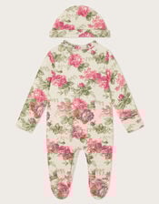 Newborn Betsy Floral Sleepsuit and Hat, Ivory (IVORY), large