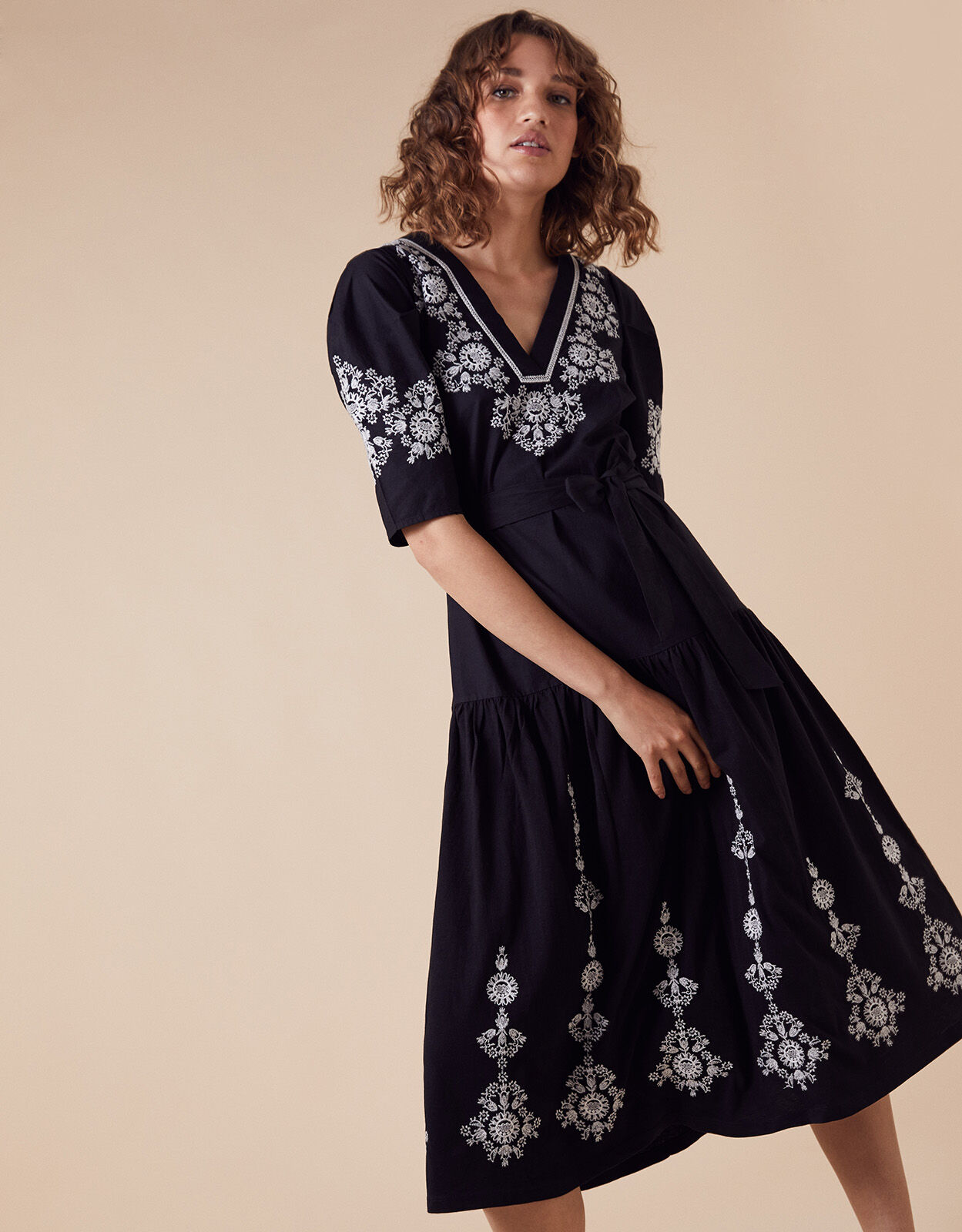 Enya Embroidered Jersey Mix Dress Black Day Dresses Monsoon Global