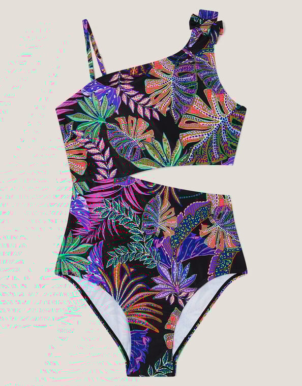 Tropical Print Asymmetrical Cut-Out Swimsuit, Black (BLACK), large