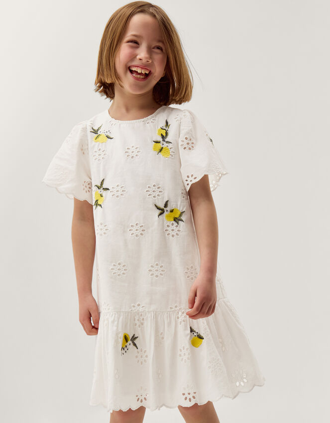 Lemon Embroidered Broderie Dress, White (WHITE), large