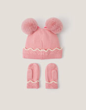 Baby Scallop Beanie Hat & Mittens Set, Pink (PINK), large