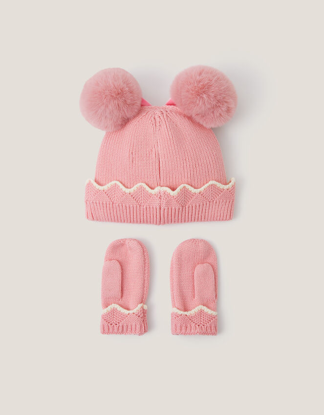 Baby Scallop Beanie Hat & Mittens Set, Pink (PINK), large