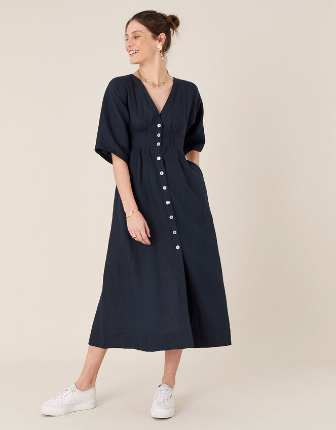 Button-Through Midi Dress in Pure Linen, Blue (NAVY), large