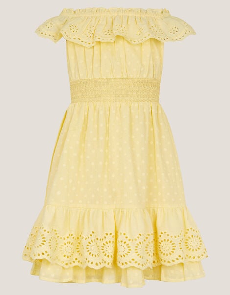 Broderie Bardot Dress, Yellow (YELLOW), large
