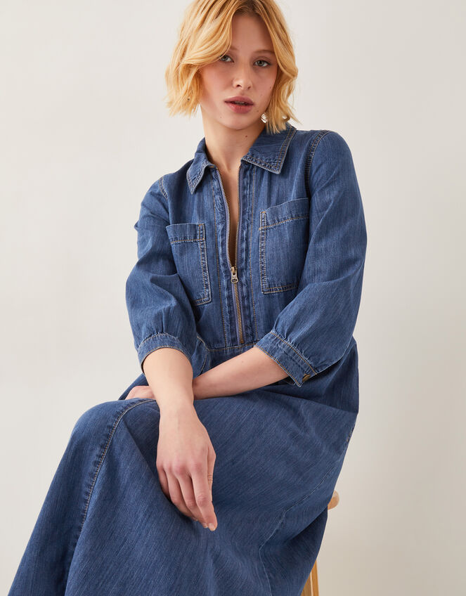Bonnie Zip Denim Shirt Dress, Blue (MID AUTHENTIC BLUE), large