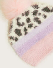 Fluffy Leopard Stripe Beanie Hat, Multi (MULTI), large