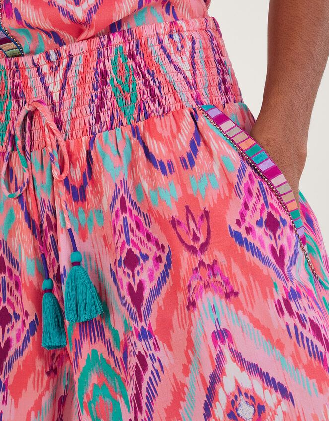 Ikat Print Tape Trim Shorts in LENZING™ ECOVERO™, Orange (CORAL), large